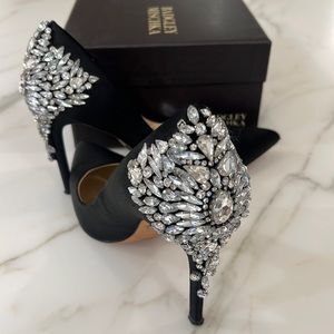 Black satin rhinestone Badgley Mischka pumps